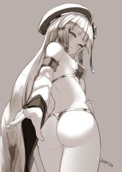 Rule 34 | 1girl, ass, bare shoulders, beret, blunt bangs, braid, breasts, closed mouth, commentary request, from behind, granblue fantasy, grey background, greyscale, hat, highres, long hair, looking at viewer, looking back, monochrome, nosuku, pholia, signature, simple background, small breasts, smile, solo, sweat, sweatdrop, thighs, wide sleeves