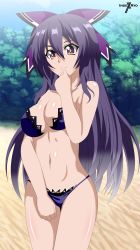 Rule 34 | absurdres, bare shoulders, bikini, breasts, closed mouth, date a live, hair ornament, highres, indexryo, large breasts, long hair, purple eyes, purple hair, sand, swimsuit, tagme, tree, yatogami tooka, yatogami tooka (true form)