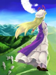 Rule 34 | 1girl, 1tori, armband, blonde hair, blue sky, bow, breasts, brown footwear, cloud, day, dress, from behind, from side, grass, hair bow, hat, hat ribbon, hill, horizon, long hair, looking afar, mob cap, mountain, nature, outdoors, ribbon, rock, shoes, sky, socks, solo, standing, tabard, touhou, very long hair, white dress, wind, yakumo yukari