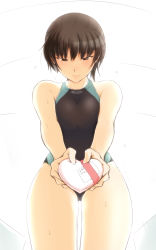 Rule 34 | 1girl, amagami, black eyes, black hair, blush, breasts, competition swimsuit, gift, highres, holding, holding gift, incoming gift, looking at viewer, one-piece swimsuit, ponytail, sasaki akira (ugc), short hair, solo, sweat, swimsuit, tsukahara hibiki, valentine