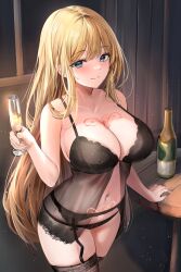 Rule 34 | 1girl, absurdres, babydoll, bare arms, bare shoulders, black babydoll, black panties, blonde hair, blue eyes, breast tattoo, breasts, brown thighhighs, champagne bottle, champagne flute, cleavage, closed mouth, commission, cowboy shot, cup, drinking glass, garter belt, hand up, highres, holding, holding cup, indoors, lace trim, large breasts, lillly, lingerie, long hair, looking at viewer, navel, original, panties, second-party source, see-through, smile, solo, spaghetti strap, split mouth, standing, stomach, string panties, tattoo, thighhighs, thighs, underwear, underwear only, very long hair