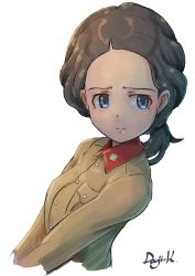 Rule 34 | 1girl, artist name, black eyes, black hair, brown jacket, chi-hatan military uniform, closed mouth, commentary, cropped torso, from side, frown, girls und panzer, hair tie, hamada kiyo, highres, jacket, kuroneko douji, long sleeves, looking at viewer, low ponytail, medium hair, military, military uniform, ponytail, signature, simple background, sketch, solo, uniform, upper body, v arms, white background