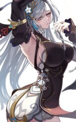 Rule 34 | 1girl, arm up, armpits, black dress, breasts, commentary request, cowboy shot, detached sleeves, dress, genshin impact, grey hair, hair ornament, hand up, highres, large breasts, long hair, long sleeves, official alternate costume, shenhe (frostflower dew) (genshin impact), shenhe (genshin impact), shiraiyu327, sleeveless, sleeveless dress, solo, standing, very long hair