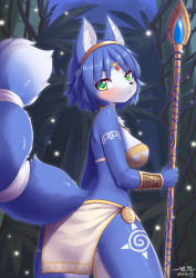 Rule 34 | 1girl, animal ear fluff, animal ears, artist name, ass, back, bare shoulders, bikini, bikini top only, blue hair, blue sky, blush, breasts, choker, circlet, closed mouth, cowboy shot, eyes visible through hair, female focus, fox ears, fox tail, from behind, furry, furry female, green eyes, hand up, highres, holding, holding polearm, holding spear, holding weapon, jewelry, krystal, leg tattoo, looking back, looking to the side, medium breasts, necklace, night, nintendo, outdoors, pelvic curtain, polearm, shiny skin, short hair, shoulder tattoo, signature, skindentation, sky, snout, solo, spear, standing, star fox, star fox adventures, strapless, strapless bikini, sweat, swimsuit, tail, tattoo, tree, tribal, vambraces, weapon, wolflong, yellow bikini