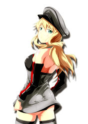 Rule 34 | 10s, 1girl, bare back, bismarck (kancolle), bismarck (kancolle) (cosplay), blonde hair, cosplay, cowboy shot, detached sleeves, eyebrows, from behind, green eyes, grey thighhighs, hat, hoshii miki, idolmaster, idolmaster (classic), kantai collection, long hair, looking at viewer, pandatyama1, simple background, solo, thighhighs, white background