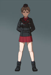 Rule 34 | 10s, 1girl, alternate costume, ankle boots, arms behind back, black footwear, black hat, black jacket, black socks, boots, brown eyes, brown hair, closed mouth, dress shirt, full body, garrison cap, girls und panzer, grey background, hat, jacket, kuromorimine military uniform, light frown, long sleeves, looking at viewer, military, military hat, military uniform, miniskirt, naomi (girls und panzer), parade rest, pleated skirt, red shirt, red skirt, shirt, short hair, simple background, skirt, socks, solo, standing, standing at attention, torinone, uniform, very short hair, wing collar