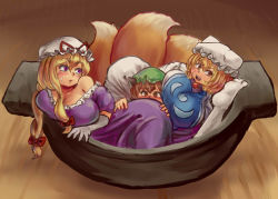 Rule 34 | 3girls, animal hat, blonde hair, blush, bowl, breasts, brown eyes, brown hair, chanta (ayatakaoisii), chen, cleavage, collarbone, commentary, dress, elbow gloves, fox tail, gloves, hat, hat with ears, in bowl, in container, large breasts, mob cap, multiple girls, multiple tails, mob cap, purple dress, purple eyes, tabard, tail, touhou, white gloves, yakumo ran, yakumo yukari, yellow eyes