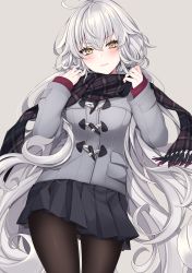 Rule 34 | 1girl, adjusting scarf, black pantyhose, blue skirt, blush, breasts, cardigan, coat, commentary request, cowboy shot, duffel coat, fate/grand order, fate (series), grey background, grey coat, hair between eyes, highres, jeanne d&#039;arc (fate), jeanne d&#039;arc alter (avenger) (fate), jeanne d&#039;arc alter (fate), large breasts, long hair, long sleeves, looking at viewer, neko-san (dim.dream), pantyhose, plaid, plaid scarf, scarf, sidelocks, silver hair, simple background, skirt, solo, tsurime, very long hair, yellow eyes