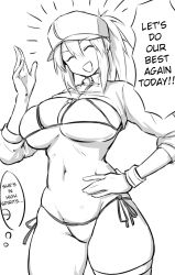 Rule 34 | 1girl, :d, ^ ^, artoria pendragon (fate), baseball cap, bikini, breasts, bridal garter, closed eyes, fate/grand order, fate (series), greyscale, hand on own hip, hat, large breasts, monochrome, mysterious heroine x (fate), mysterious heroine xx (fate), navel, nia (0122), open mouth, ponytail, short hair, shrug (clothing), smile, solo, swimsuit, translated