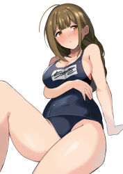Rule 34 | 1girl, ahoge, ariaridoradora, arm support, arm under breasts, bare shoulders, blue one-piece swimsuit, blush, braid, breasts, brown eyes, brown hair, character name, cleavage, collarbone, competition school swimsuit, dot nose, highres, idolmaster, idolmaster shiny colors, knee up, kuwayama chiyuki, large breasts, long hair, looking away, name tag, old school swimsuit, one-piece swimsuit, open mouth, school swimsuit, shy, sideboob, simple background, single braid, sitting, solo, sweatdrop, swimsuit, white background, wince