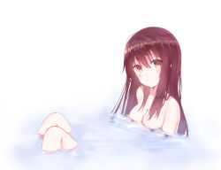 Rule 34 | 1girl, akagi (kancolle), bath, bathing, black hair, blush, breasts, brown eyes, closed mouth, hair between eyes, kantai collection, long hair, looking at viewer, medium breasts, nude, simple background, sitting, solo, white background, zhiyou ruozhe