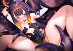 Rule 34 | 1girl, absurdres, armpits, black dress, black hair, blue eyes, blush, covered navel, detached collar, dress, flat chest, fur trim, hair ornament, halo, highres, hololive, hololive english, long hair, maru ccy, ninomae ina&#039;nis, ninomae ina&#039;nis (1st costume), open mouth, sleeveless, solo, spread legs, tentacle hair, tentacles, thighs, torn clothes, virtual youtuber