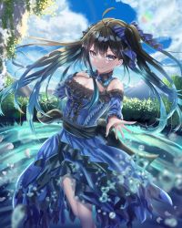 Rule 34 | 1girl, bare legs, black hair, blue dress, blue eyes, blue nails, blue ribbon, blue sky, bonbon1402336, breasts, butterfly-shaped pupils, cleavage, closed mouth, cloud, collared dress, dress, falling petals, frilled dress, frills, hair ribbon, hand on own chest, highres, large breasts, long hair, looking at viewer, medium breasts, mountainous horizon, nail polish, original, outdoors, outstretched arm, partially submerged, petals, pond, ribbon, ripples, scenery, sky, smile, solo, symbol-shaped pupils, twintails, water drop