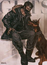 Rule 34 | 1boy, anniechromes, berserk, black hair, black jacket, black shirt, chain, chained, collar, commentary, dog, dragonslayer (sword), english commentary, fur collar, guts (berserk), highres, jacket, jewelry, male focus, mask, mouth mask, multicolored hair, necklace, open clothes, open jacket, shirt, short hair, solo, solo focus, spiked hair, streaked hair, tongue, tongue out