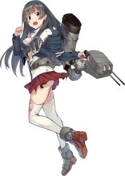 Rule 34 | 1girl, agano (kancolle), angry, ass, black hair, bra, breasts, cannon, food, full body, green eyes, hood, hooded jacket, hoodie, jacket, kantai collection, konishi (koconatu), large breasts, long hair, machinery, official art, pleated skirt, red skirt, setsubun, skirt, smokestack, solo, thighhighs, torn clothes, torn jacket, transparent background, turret, underwear