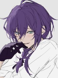Rule 34 | 1boy, aqua eyes, ayase mayoi, black gloves, black ribbon, braid, ehsl177, ensemble stars!, from side, gloves, hair over shoulder, hand to own mouth, highres, light blush, looking at viewer, male focus, mole, mole under mouth, parted lips, portrait, purple hair, ribbon, sharp teeth, shirt, shy, single braid, smirk, solo, teeth, upper teeth only, white shirt