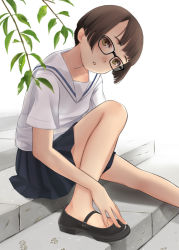 Rule 34 | 1girl, brown eyes, brown hair, child, glasses, luna2, mary janes, original, paw print, school uniform, shoes, short hair, sitting, sitting on stairs, skirt, solo, stairs