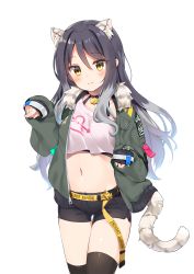 Rule 34 | 1girl, alternate costume, animal ears, belt, black hair, black shorts, black thighhighs, blush, casual, choker, commentary request, cowboy shot, crop top, fur collar, green jacket, halterneck, highres, jacket, kutata, long hair, long sleeves, midriff, multicolored hair, navel, open clothes, open jacket, princess connect!, shiori (princess connect!), shirt, short shorts, shorts, simple background, smile, solo, split mouth, standing, tail, thighhighs, thighs, tiger ears, tiger tail, white background, white shirt, yellow eyes