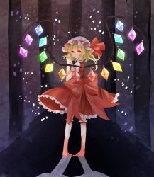 Rule 34 | 1girl, applemerry63, blonde hair, bow, dress, flandre scarlet, frilled dress, frilled hat, frills, glowing, glowing eyes, hat, highres, no shoes, red bow, red dress, red eyes, ribbon, short hair, short sleeves, side ponytail, socks, solo, touhou, wings
