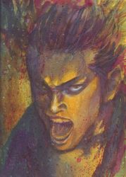 Rule 34 | absurdres, blood, brown eyes, close-up, frown, head, highres, inoue takehiko, looking at viewer, male focus, miyamoto musashi, open mouth, simple background, teeth, tongue, vagabond