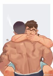 Rule 34 | = =, aqua shorts, arm hair, arm tattoo, back, bara, black tank top, buzz cut, carrying, carrying person, couple, dark-skinned male, dark skin, from behind, glasses, highres, male focus, muscular, muscular male, mutton chops, original, rouyuan shiqi (ro seventeen), short hair, shorts, suspended congress, tank top, tattoo, thick eyebrows, topless male, undercut, very short hair, yaoi