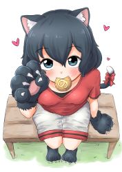 Rule 34 | 1girl, absurdres, animal ears, animal hands, bad id, bad pixiv id, bench, black eyes, black hair, blush, bow, cat ears, cat tail, commentary, fang, food, food in mouth, from above, full body, gloves, grey shorts, heart, highres, japari bun, japari symbol, kaban (kemono friends), kemono friends, kemonomimi mode, looking at viewer, mouth hold, ngetyan, paw gloves, paw shoes, red bow, red shirt, shirt, short hair, short sleeves, shorts, sitting, solo, t-shirt, tail, tail bow, tail ornament, white background