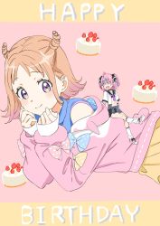 Rule 34 | 2girls, :d, ahoge, black skirt, blue bow, blush, bow, brown hair, cake, character request, clothes around waist, copyright request, crop top, earrings, fang, food, fruit, gradient hair, hair ribbon, hand on own cheek, hand on own chin, hand on own face, happy birthday, highres, hood, hoodie, jewelry, looking at another, looking at viewer, loose socks, lying, mini person, minigirl, multicolored hair, multiple girls, navel, neckerchief, on stomach, open mouth, pink background, pink bow, pink footwear, pink hair, pink hoodie, polka dot, polka dot bow, purple eyes, purple neckerchief, ribbon, sailor collar, short sleeves, sitting, sitting on person, size difference, skirt, sleeveless, sleeveless turtleneck, smile, socks, strawberry, sweater, sweater around waist, tamura satomi, turtleneck, two side up, yellow bow, yellow skirt