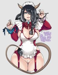 Rule 34 | 1girl, agawa ryou, black hair, braid, cleft of venus, cow girl, heart, heart tail, horns, maid headdress, pearl thong, pussy, side braid, solo, tail, uncensored, wide hips