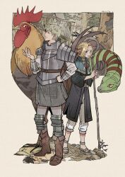 Rule 34 | 1boy, 1girl, armor, artist name, belt, bird, blonde hair, boots, brown footwear, chicken, closed mouth, colored skin, commentary request, dark skin, denny626, dungeon meshi, full body, green skin, grey hair, hand on own hip, highres, holding, holding staff, laios touden, long hair, marcille donato, multicolored skin, pointy ears, short hair, shoulder armor, slit pupils, snake, staff, standing, sweat, twitter username, two-tone skin, white background, yellow eyes