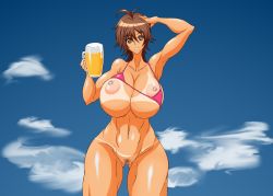 Rule 34 | 1girl, alcohol, amaha masane, beer, beer mug, bikini, bikini top only, breasts, breasts out, censored, cup, curvy, eyebrows, female focus, highres, huge breasts, looking at viewer, mug, navel, nipples, outdoors, pink bikini, pussy, shiny skin, smile, swimsuit, wide hips, witchblade