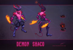 Rule 34 | 1boy, alternate costume, armlet, armored boots, artist name, black sclera, boots, character name, colored sclera, colored skin, demon boy, demon horns, demon tail, dual wielding, from behind, full body, fur, grin, holding, holding weapon, horns, league of legends, navel, pink skin, pointy ears, pointy nose, shaco, signature, smile, solo, spiked armlet, standing, tail, teeth, thorsten erdt, watermark, weapon, web address, yellow eyes