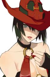 Rule 34 | 1girl, arc system works, bare shoulders, black hair, breasts, cleavage, collarbone, fingerless gloves, gloves, green eyes, guilty gear, hat, highres, i-no, large breasts, looking at viewer, mole, mole above mouth, nail polish, revealing clothes, solo, witch hat