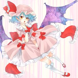 Rule 34 | 1girl, bat wings, blue hair, frilled socks, frills, hat, highres, kneehighs, looking at viewer, mary janes, meiji (charisma serve), open mouth, orange eyes, red eyes, remilia scarlet, shoes, short hair, socks, solo, touhou, wings, wrist cuffs