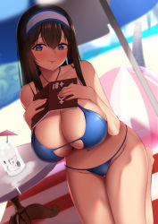 Rule 34 | 1girl, ball, bare shoulders, beach, beach umbrella, beachball, black hair, blue eyes, blush, book, breasts, cleavage, day, dearonnus, hair between eyes, hairband, holding, holding book, huge breasts, idolmaster, idolmaster cinderella girls, jewelry, long hair, looking at viewer, milk, navel, necklace, open mouth, parted lips, sagisawa fumika, seiza, sitting, smile, solo, swimsuit, thighs, umbrella