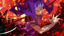 Rule 34 | &gt;:|, 1boy, :|, alternate costume, armor, attack, bandaged arm, bandages, battle, blood, blood splatter, blue hair, closed mouth, cloud, eyeliner, eyes visible through hair, eyeshadow, fighting stance, flag, flipped hair, hair ornament, headband, highres, holding, holding weapon, japanese armor, japanese clothes, kamishiro ryoga, kamishiro ryouga, kusazuri, kushabiria, long hair, looking at viewer, makeup, male focus, multicolored hair, outdoors, pectorals, pink eyes, purple hair, serious, shoulder armor, silhouette, sky, sode, staff, toned, torn clothes, two-tone hair, upper body, v-shaped eyebrows, weapon, yu-gi-oh!, yu-gi-oh! zexal, yuu-gi-ou, yuu-gi-ou zexal