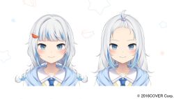 Rule 34 | 1girl, amashiro natsuki, bangs pinned back, blue eyes, blue hair, blue neckerchief, blush, braid, closed mouth, collared shirt, commentary request, forehead, gawr gura, grey hair, hair ornament, hololive, hololive english, hood, hood down, hooded jacket, jacket, long hair, looking at viewer, low twintails, multicolored hair, multiple views, neckerchief, official art, open mouth, shirt, simple background, smile, star (symbol), star hair ornament, streaked hair, twin braids, twintails, white background, white jacket, white shirt