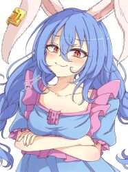 Rule 34 | 1girl, animal ears, arms under breasts, blue hair, breasts, closed mouth, collarbone, crossed arms, earclip, hair between eyes, highres, long hair, looking at viewer, low twintails, medium breasts, neko mata, rabbit ears, rabbit girl, red eyes, seiran (touhou), simple background, smile, solo, touhou, twintails, upper body, white background