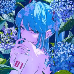 Rule 34 | 1girl, aqua eyes, aqua hair, aqua nails, aqua theme, bare back, blue theme, blunt bangs, crying, crying with eyes open, eyelashes, floral print, flower, from behind, half-closed eyes, hand on own shoulder, hatsune miku, hydrangea, long hair, looking at viewer, looking back, meso potamia, nude, number tattoo, pale skin, shoulder blades, shoulder tattoo, solo, streaming tears, tattoo, tears, topless, turning head, twintails, upper body, vocaloid, water drop, wet, wet hair