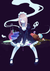 Rule 34 | 10s, 1girl, absurdres, alternate costume, beaker, brown hair, enmaided, gothic lolita, gradient background, hair over one eye, highres, little witch academia, lolita fashion, looking at viewer, maid, mi lu-zi, mushroom, pantyhose, red eyes, shoes, solo, sucy manbavaran, white pantyhose