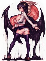 Rule 34 | 1girl, ass, black hair, breast press, breasts, covering privates, extra mouth, filia (skullgirls), fumio (rsqkr), large breasts, open clothes, open shirt, panties, pantyshot, red eyes, samson (skullgirls), shirt, skirt, skullgirls, solo, thighhighs, tongue, underwear, upskirt, white background, white panties, wings