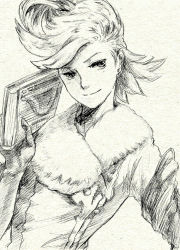 Rule 34 | 1boy, 5pb., book, bravely default: flying fairy, coat, highres, male focus, monochrome, ringabel, smile, solo, tagme