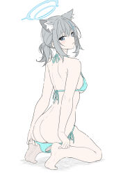 Rule 34 | 1girl, alternate costume, alternate hairstyle, animal ears, aqua bikini, ass, bare arms, bare shoulders, bikini, bikini pull, blue archive, blue eyes, blush, closed mouth, clothes pull, cross, cross hair ornament, from behind, hair ornament, highres, inverted cross, looking at viewer, looking back, masabodo, mismatched pupils, ponytail, pulling own clothes, seiza, shiroko (blue archive), shirt, short hair, short ponytail, side-tie bikini bottom, simple background, sitting, sleeveless, sleeveless shirt, soles, solo, swimsuit, white background, wolf ears, wolf girl