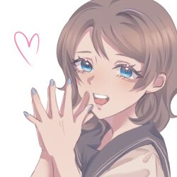 Rule 34 | 1girl, blue eyes, blue nails, blush, collar, happy, heart, highres, lips, looking at viewer, love live!, love live! sunshine!!, nail polish, nose, palms together, portrait, school uniform, serafuku, short hair, simple background, smile, solo, sparklingvv1119, teeth, upper body, upper teeth only, watanabe you, wavy hair, white background