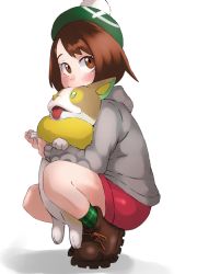 Rule 34 | 1girl, ankle boots, boots, brown eyes, brown footwear, brown hair, cardigan, chorogon, creatures (company), cross-laced footwear, dog, dress, full body, game freak, gen 8 pokemon, gloria (pokemon), green headwear, green legwear, grey cardigan, hat, highres, holding, holding pokemon, long sleeves, looking away, nintendo, pink dress, plaid, plaid legwear, pokemon, pokemon (creature), pokemon swsh, short hair, sideways glance, simple background, squatting, tam o&#039; shanter, tongue, tongue out, white background, yamper