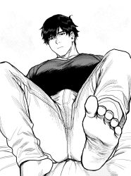 Rule 34 | 1boy, bara, black shirt, bulge, denim, erection, erection under clothes, expressionless, feet, foot focus, foreshortening, greyscale, highres, jeans, looking at viewer, male focus, messy hair, monochrome, muscular, muscular male, original, pants, pectorals, shirt, short hair, sideburns, soles, solo, thick thighs, thighs, tight clothes, tight pants, tight shirt, toes, yukibi (ykb)