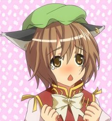 Rule 34 | 1girl, animal ears, bad id, bad pixiv id, bow, bowtie, brown hair, cat ears, cat girl, chen, chestnut mouth, china dress, chinese clothes, dress, earrings, female focus, hat, hidari (coletica), jewelry, no nose, ribbon, short hair, single earring, solo, tears, touhou