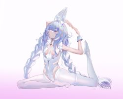 Rule 34 | 1girl, absurdres, animal ears, arm up, arms behind head, azur lane, blue eyes, braid, breasts, collarbone, fake animal ears, full body, hands up, highres, le malin (azur lane), le malin (listless lapin) (azur lane), leotard, long hair, looking at viewer, medium breasts, no shoes, official alternate costume, on floor, open mouth, pantyhose, playboy bunny, rabbit ears, simple background, solo, spread legs, star-shaped pupils, star (symbol), symbol-shaped pupils, twin braids, weinayi, white hair, white leotard, white pantyhose
