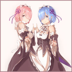 Rule 34 | 10s, 2girls, apron, beige background, black bow, black dress, blue eyes, blue hair, blush, border, bow, breasts, brown border, cleavage, closed mouth, collar, corset, detached collar, detached sleeves, dress, expressionless, foreshortening, frilled collar, frilled sleeves, frills, hair over one eye, hair ribbon, highres, holding hands, juliet sleeves, long sleeves, looking at viewer, maid, maid headdress, medium breasts, multiple girls, pink eyes, pink hair, puffy sleeves, purple ribbon, ram (re:zero), re:zero kara hajimeru isekai seikatsu, rem (re:zero), ribbon, short hair, siblings, silver (chenwen), simple background, sisters, smile, symmetry, twins, wide sleeves