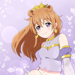 Rule 34 | 1girl, artist name, artist request, bare legs, blush, bracelet, breasts, brown hair, butterfly (love live!), choker, cleavage, clothing cutout, collarbone, cropped shirt, crown, detached sleeves, double bun, dress, dress shirt, earrings, female focus, floating hair, gold bracelet, hair between eyes, hair bun, hair rings, harem outfit, highres, jewelry, konoe kanata, long hair, looking at viewer, love live!, love live! nijigasaki high school idol club, love live! school idol festival, navel, parted lips, puffy short sleeves, puffy sleeves, purple background, purple eyes, purple shirt, purple sleeves, shirt, short sleeves, shorts, shoulder cutout, sitting, smile, solo, two side up, upper body, yellow bracelet, yellow choker