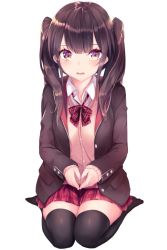 Rule 34 | 1girl, black eyes, black hair, black jacket, black thighhighs, blazer, bow, bowtie, commentary, dress shirt, fingers together, frown, full body, haruka natsuki, jacket, long hair, long sleeves, looking at viewer, loose bowtie, miniskirt, no shoes, open mouth, original, plaid, plaid bow, plaid bowtie, plaid neckwear, plaid skirt, pleated skirt, red bow, red bowtie, red skirt, school uniform, seiza, shirt, simple background, sitting, skirt, solo, sweater, thighhighs, twintails, v-neck, white background, white shirt, wing collar, yellow sweater